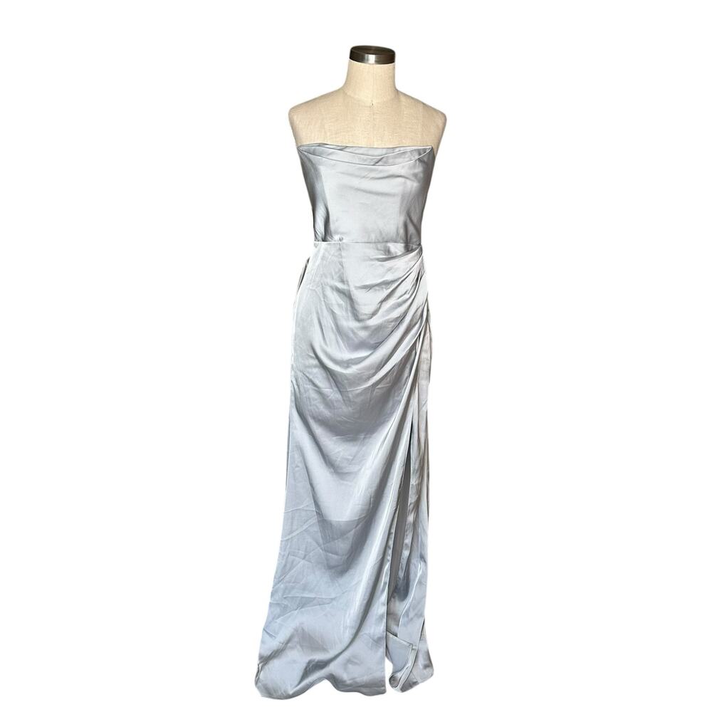 AZAZIE X KENDALL + KYLIE Pebble Blue Strapless Stretch Satin Sheath Dress A6 NWT